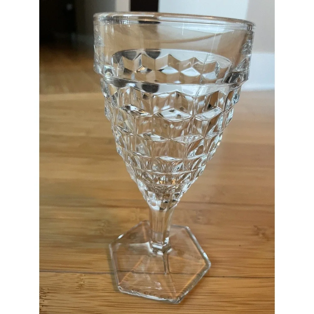 Set of 2 Vintage Fostoria‎ American Water Goblets Clear Glasses Hex Foot 6-7/8